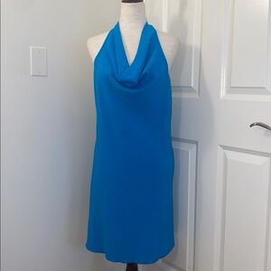 See You Monday Draped Neck Open Back Halter Neck Dress Turquoise Aqua Blue Sz M